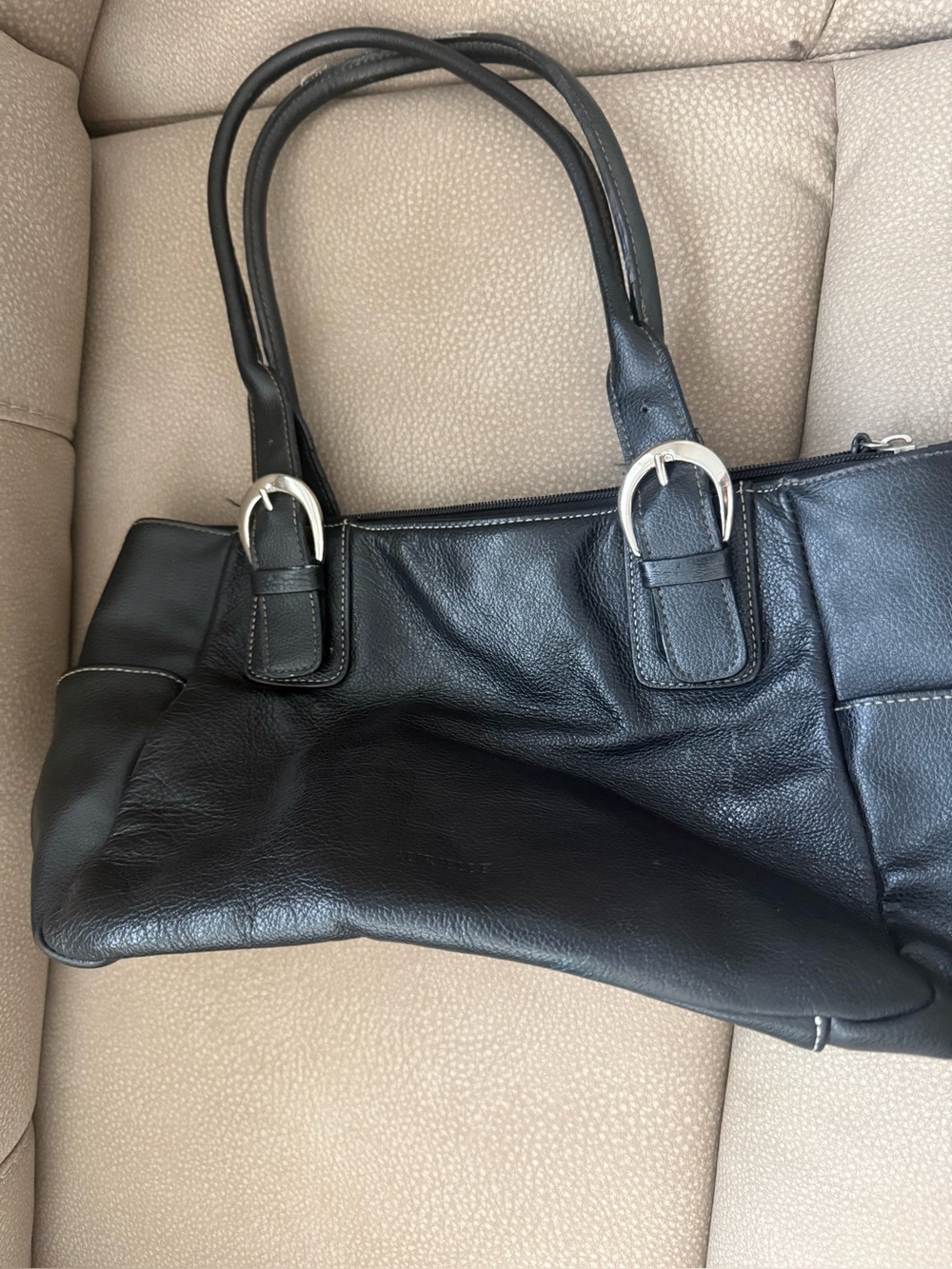 Classic Black Leather Tote Bag with Silver Hardware